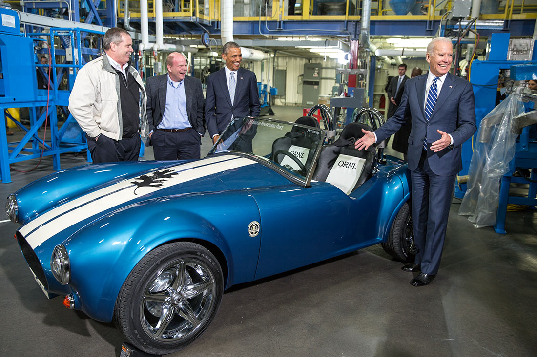 The President and Vice President view a 3D-printed carbon fiber Shelby Cobra car during a tour of Techmer PM